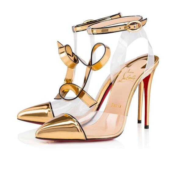 Christian Louboutin Alta Firma 100 Gold PVC T Strap Ankle Heel Sandal Pump 35 - Picture 1 of 12